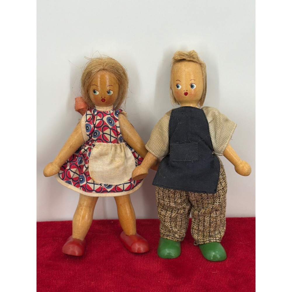 Vintage Wooden Peg Doll Set Boy and Girl Hand Painted Folk Art Jointed Figures
